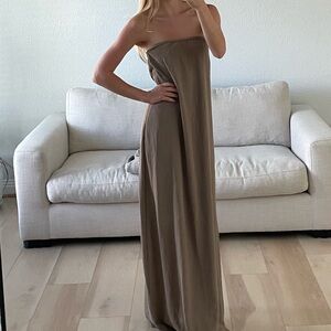 PrettyLittleThing Strapless Maxi Dress in Taupe